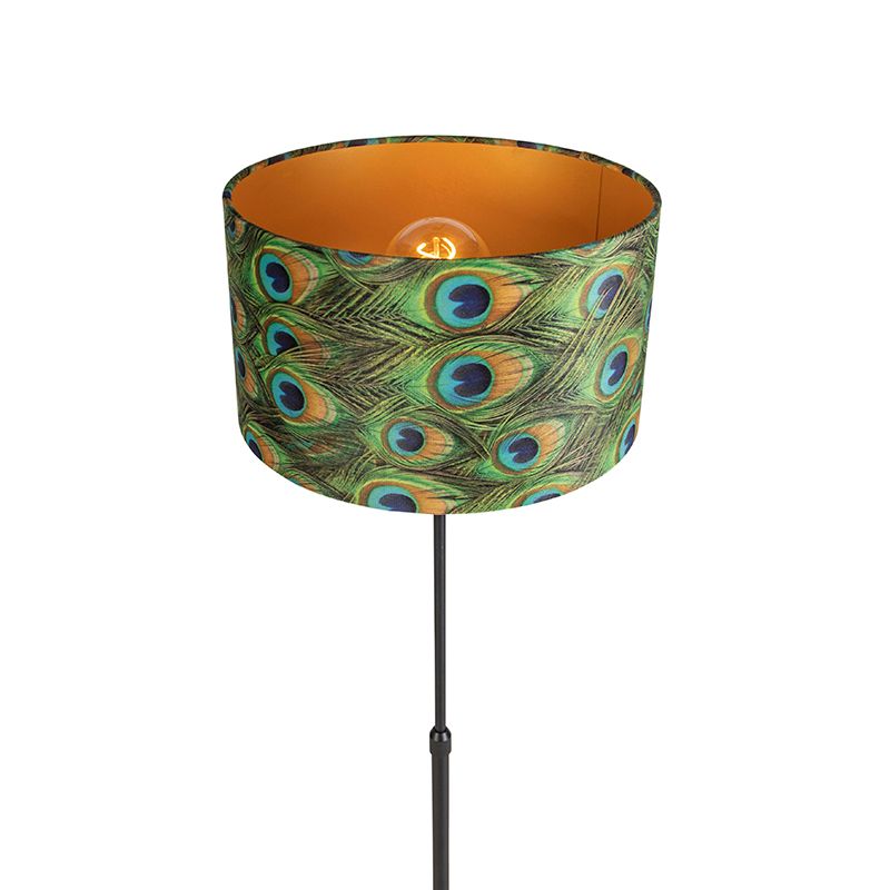 Zwarte vloerlamp met velours kap pauw met goud 35 cm - Parte