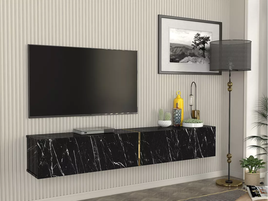 Meuble TV suspendu avec 2 portes - Effet marbre noir - DINOMA