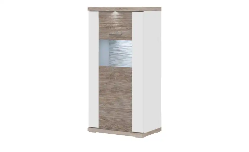 Highboard Toulon Weiß, Eiche sägerau (Nachbildung) links Spotbeleuchtung