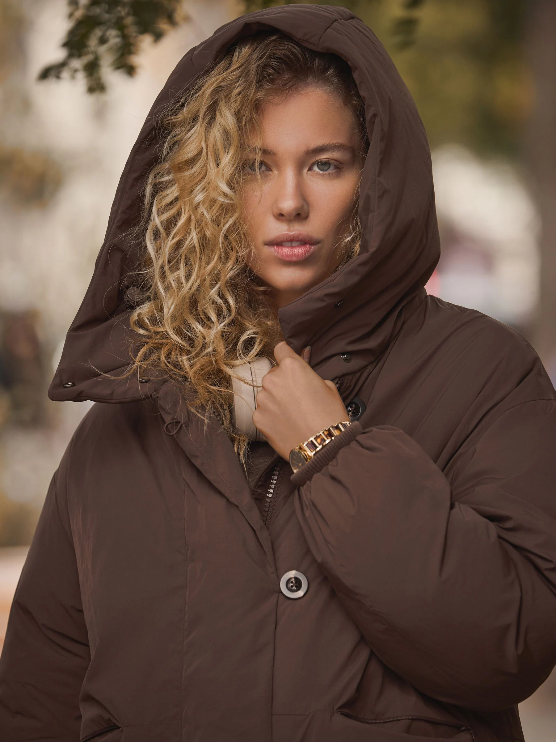 Chocoladebruin - Bubble Hem Padded Coat with Hood