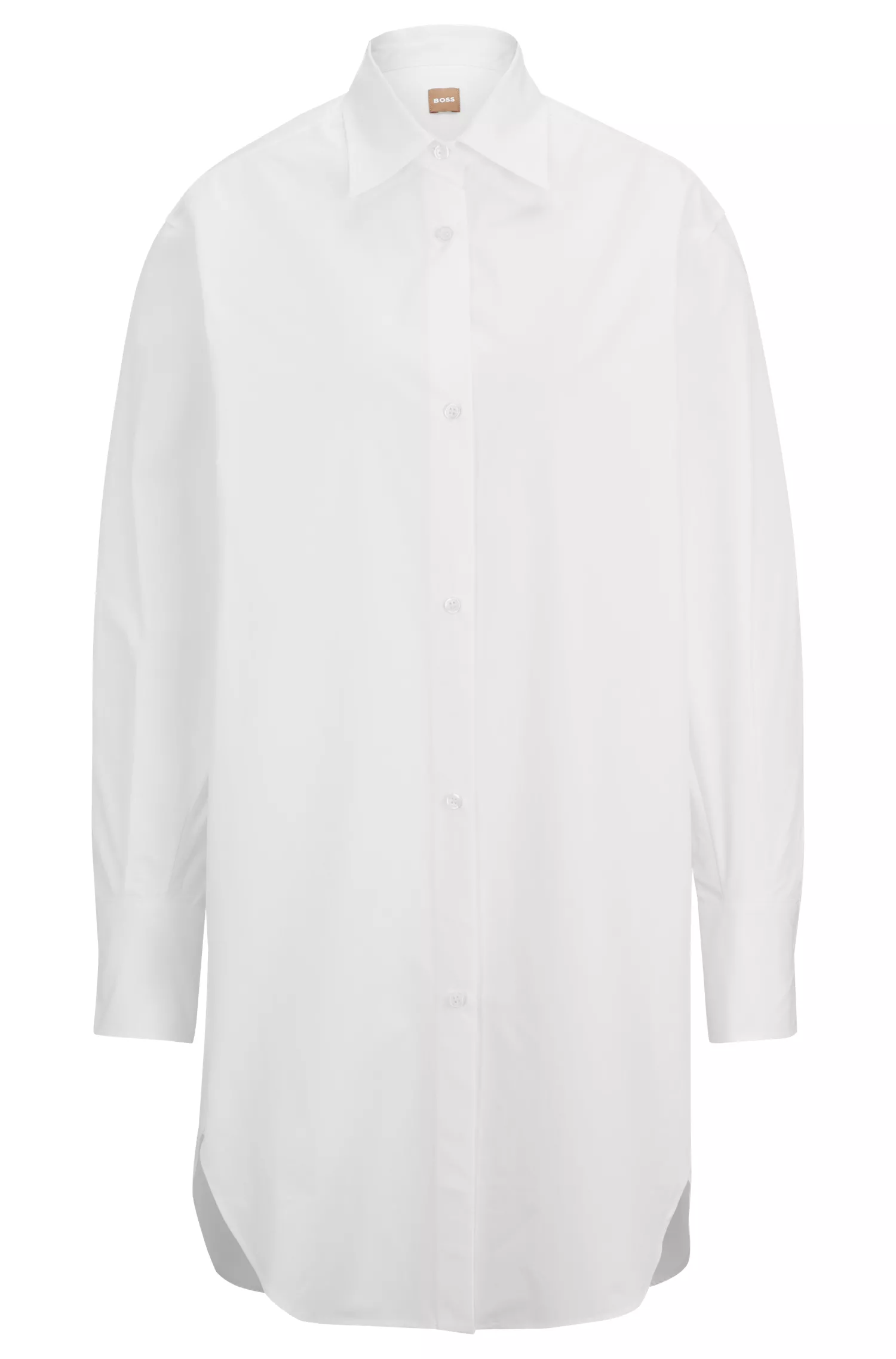 Blusa BOSS preta de corte longo em popeline de algodão com gola pontiaguda.