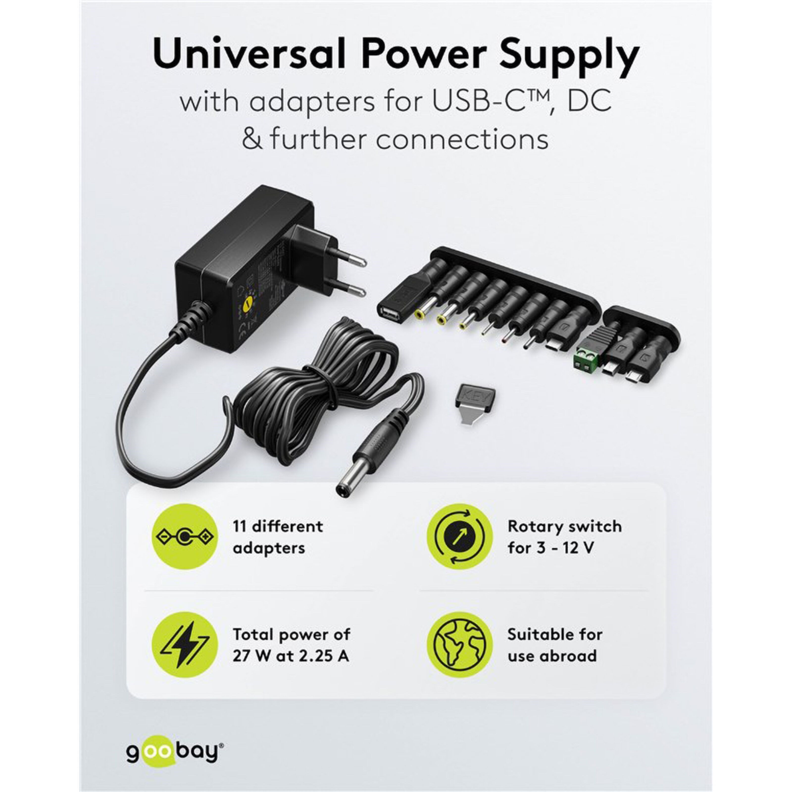 Justerbar strømadapter 3–12 V (DC) 27 W
