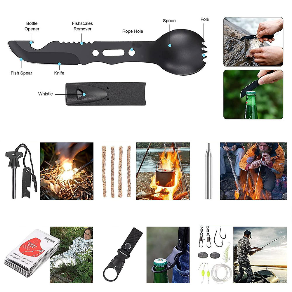 29in1 Outdoor Survival Tasche Notfall SOS Kit für Camping / Wandern   20000mAh Solar Powerbank USB C - Grün