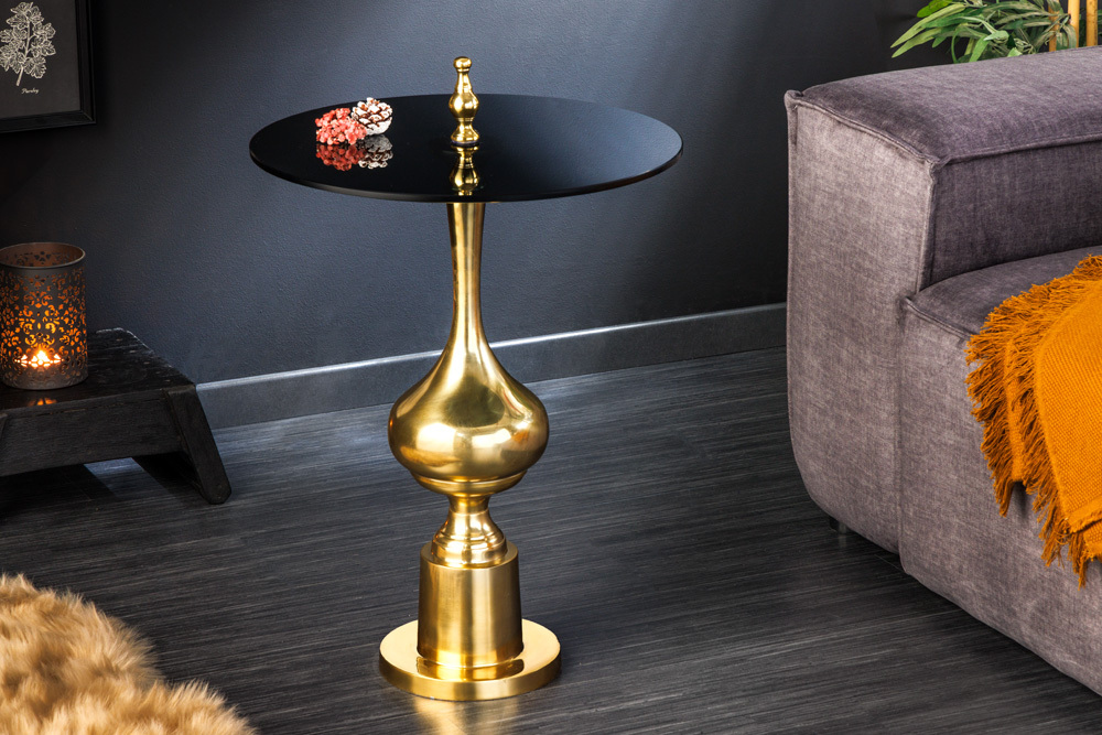 Design Beistelltisch ABSTRACT 45cm gold Metall schwarze Glasplatte handmade rund