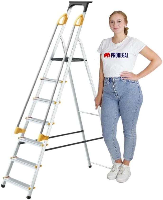 PROREGAL Trapladder met gereedschapsplank en leuning Economy Basic Enkelzijdige toegang 7 treden Werkhoogte 3,40 m Draagvermogen 150 kg