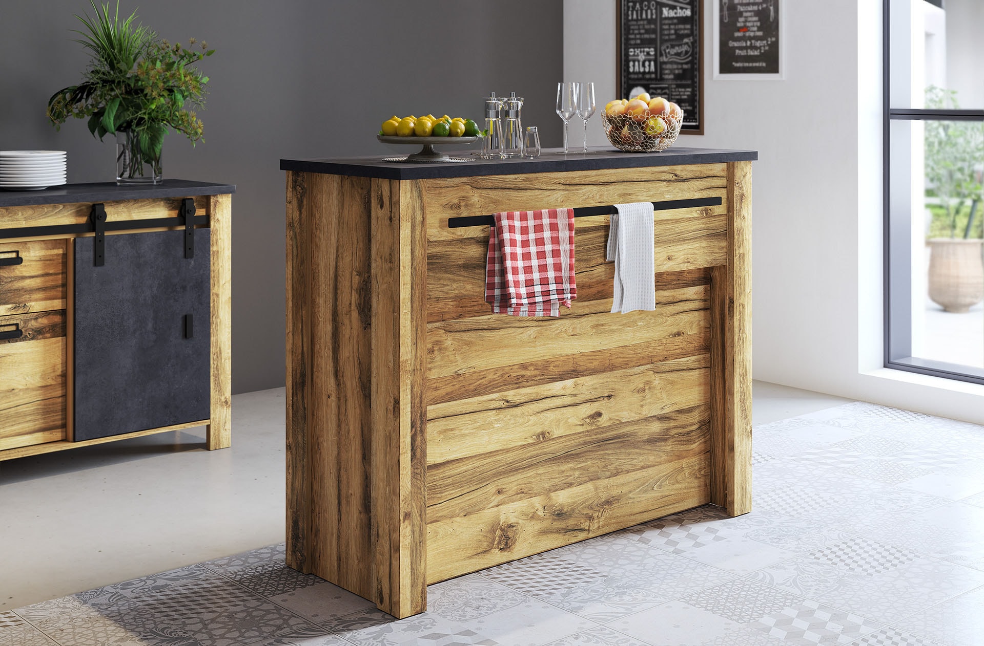 Home affaire Barschrank »York, moderne Küchentheke im Industrialdesign« mit Handtuchstange aus Metall, ausreichend Stauraum, 130 cm breit