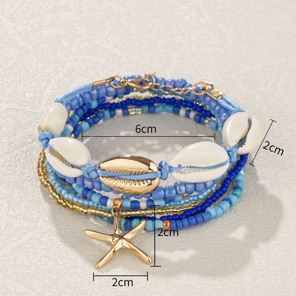 (7er Set) 155-210mm Perlen Armband Muschel Modeschmuck Sommer Boho Armkette mit Seestern Anhänger - Blau / Gold