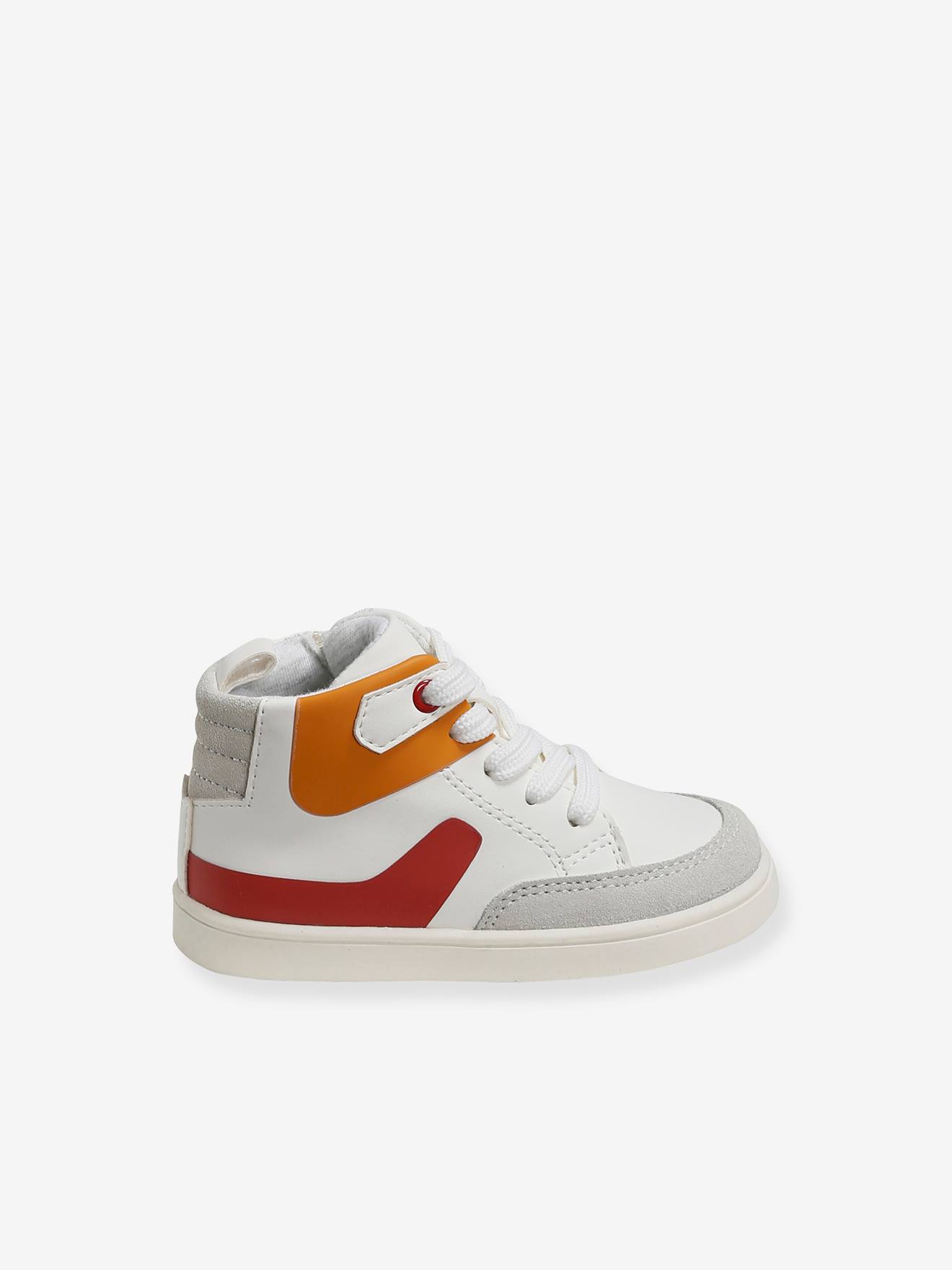 Tênis de cano alto para bebê menino, branco claro liso com estampas.