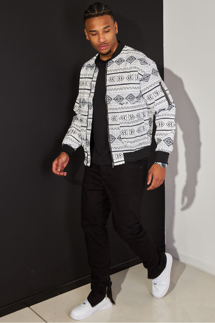Bomber blanc à motif aztèque tricolore