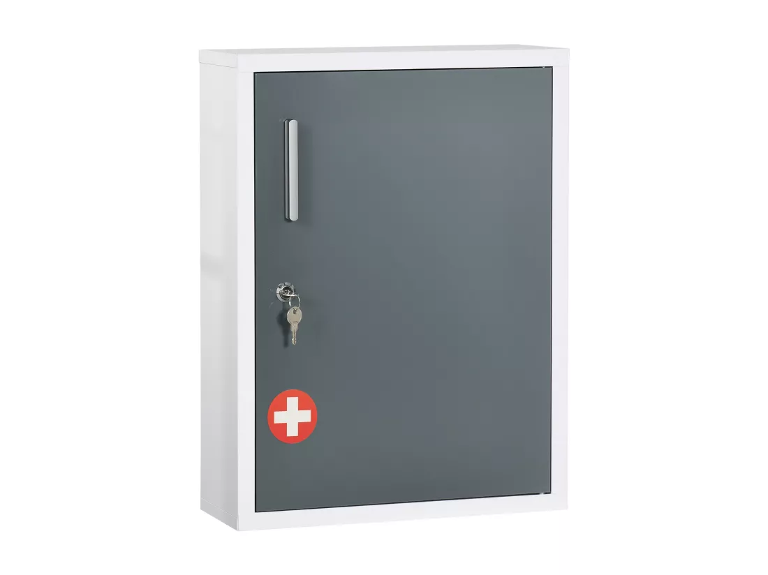 Armoire à pharmacie 2 étagères 3 niv. verrouillables dim. 40L x 15l x 53H cm 2 clés logo croix acier blanc gris
