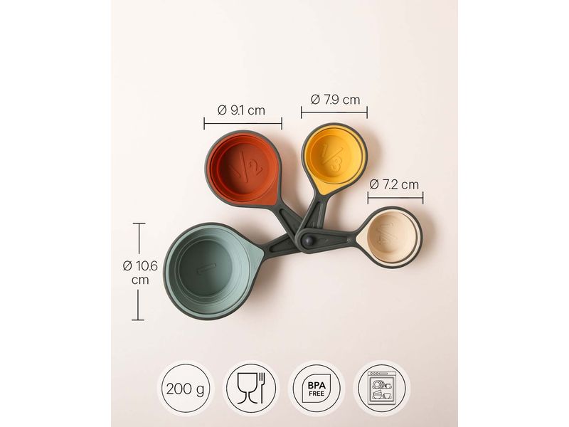 Esmée Messbecher 4er Set 1/4 dl bis 1 dl, Mehrfarbig 4 in 1 Cup Messbecher Set aus grauem Silikon mit farbiger Innenseite