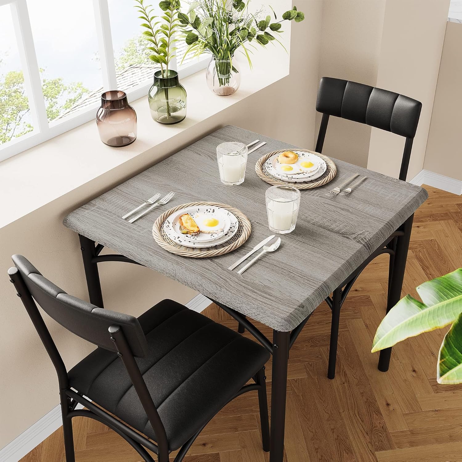 3-teiliges Küchentisch-Set, Tisch und Stühle für 2, quadratischer Esstisch aus Metall und Holz mit 2 gepolsterten Stühlen, Esstisch für kleine Räume (Grau 2)