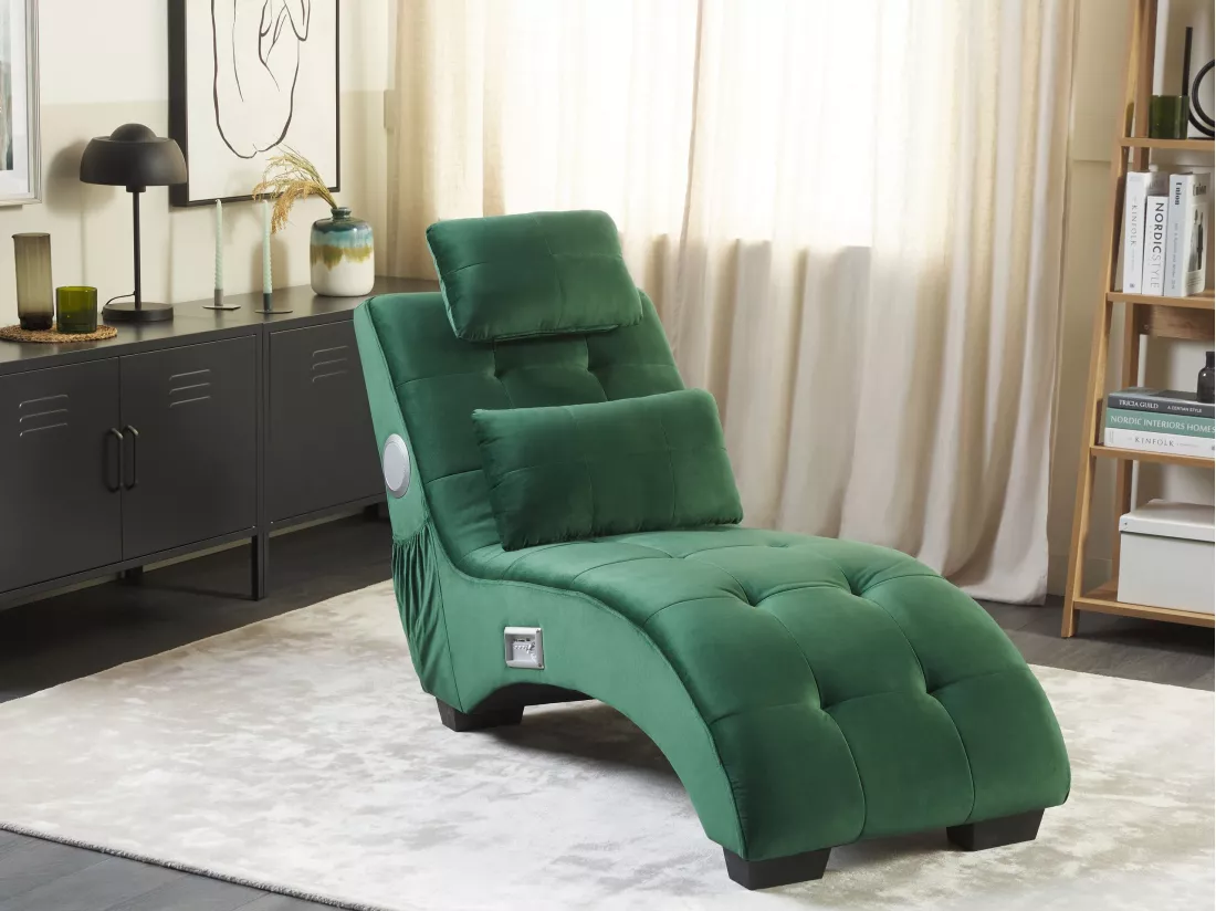 Chaise longue en velours vert avec port USB et haut-parleur bluetooth SIMORRE
