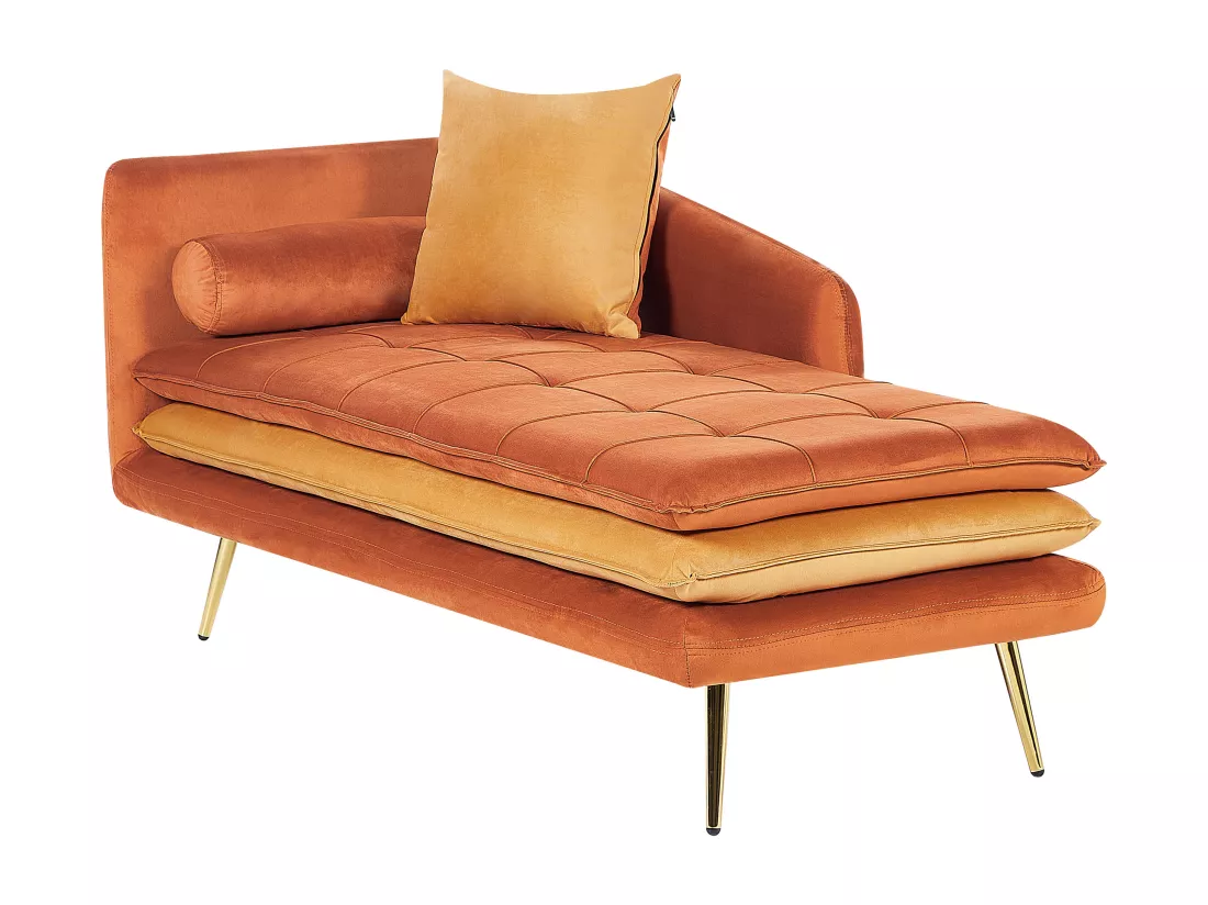 Chaise longue côté droite en velours orange et pieds dorés GONESSE