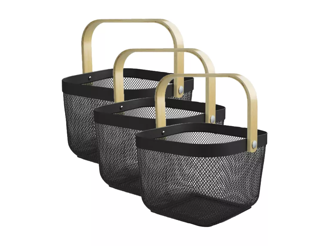 Lot de 3 panier de rangement, corbeille carrée avec anse, panier à mailles métalliques, panier à ustensiles coloris noir - Longueur 24.5 x Profondeur 24.5 x Hauteur 17.5 cm