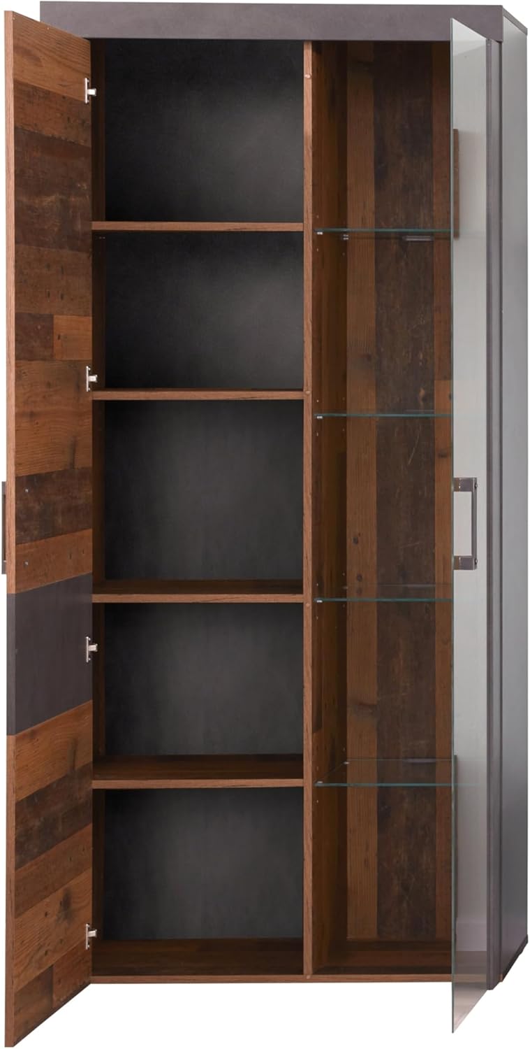 trendteam smart living - Indy - Regalschrank - Grau/Eiche - Stauraumvitrine mit 2 Türen, 4 Glasböden, 1 Konstruktionseboden und 3 Einlegeböden - (BxHxT) 87 x 189 x 34 cm - antikfarbene Griffe