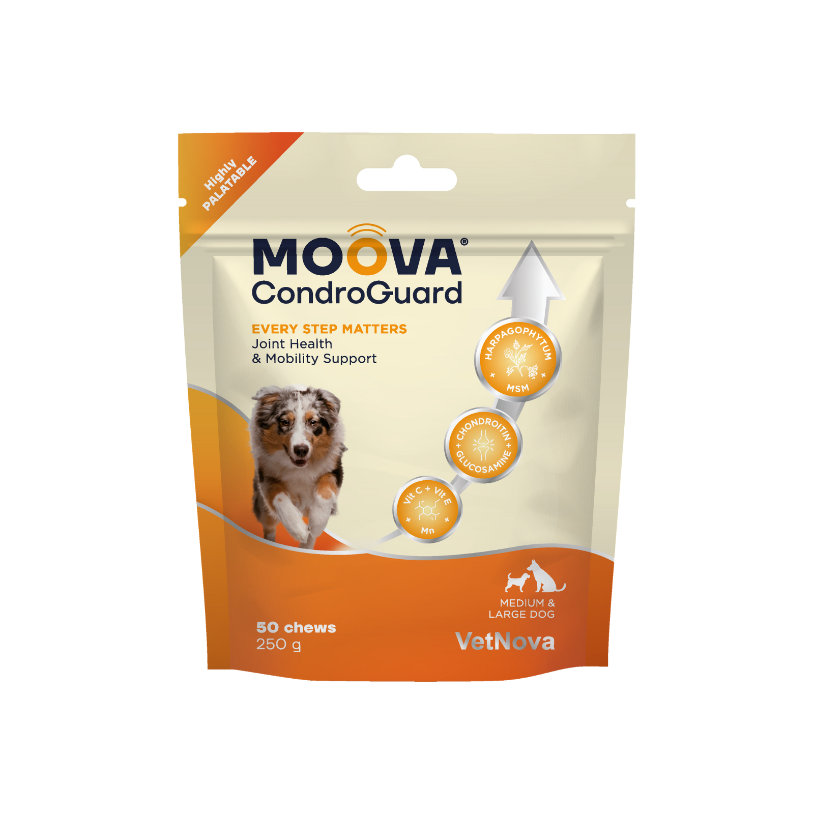 MOOVA® CondroGuard para cães de porte médio e grande, 50 comprimidos mastigáveis.