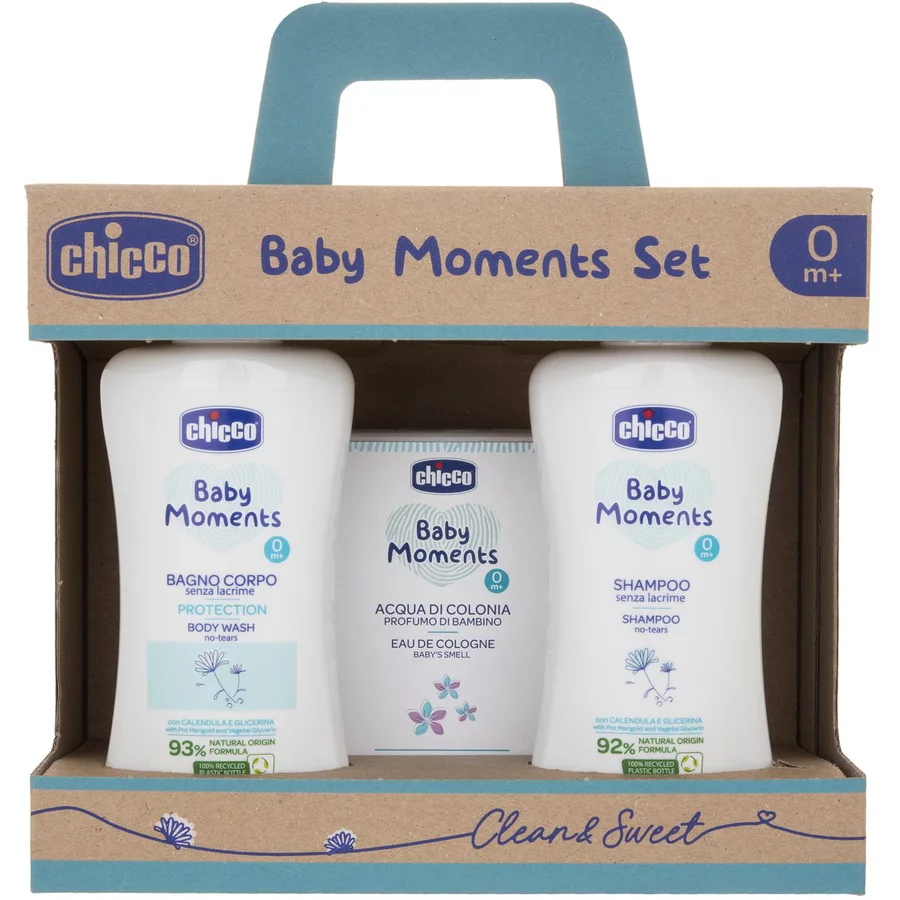 chicco Baby Moments Set 1 Körperbad 200 ml, Shampoo 200 ml, Eau de Cologne 100 ml