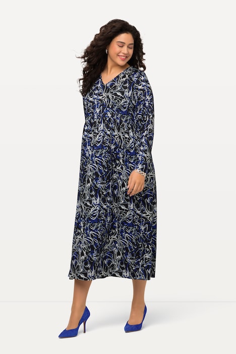 Kleid, A-Linie, Jersey mit LinienmusterEmpirenaht, V-Ausschnitt, Piping, Langarm