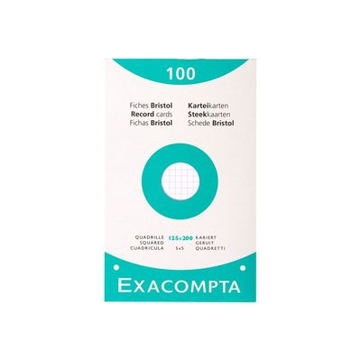 Exacompta - Pack de 100 Fiches Bristol - 12,5 x 20 cm - petits carreaux - perforées - blanc