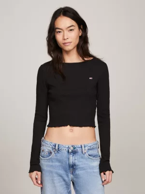 Camiseta cropped de manga comprida com babados