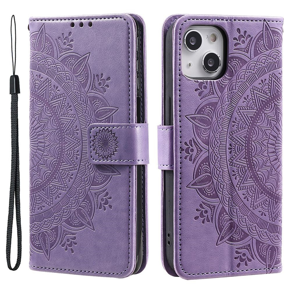 iPhone 14 Leder Tasche Wallet - Mandala Flowers Imprint - Lila