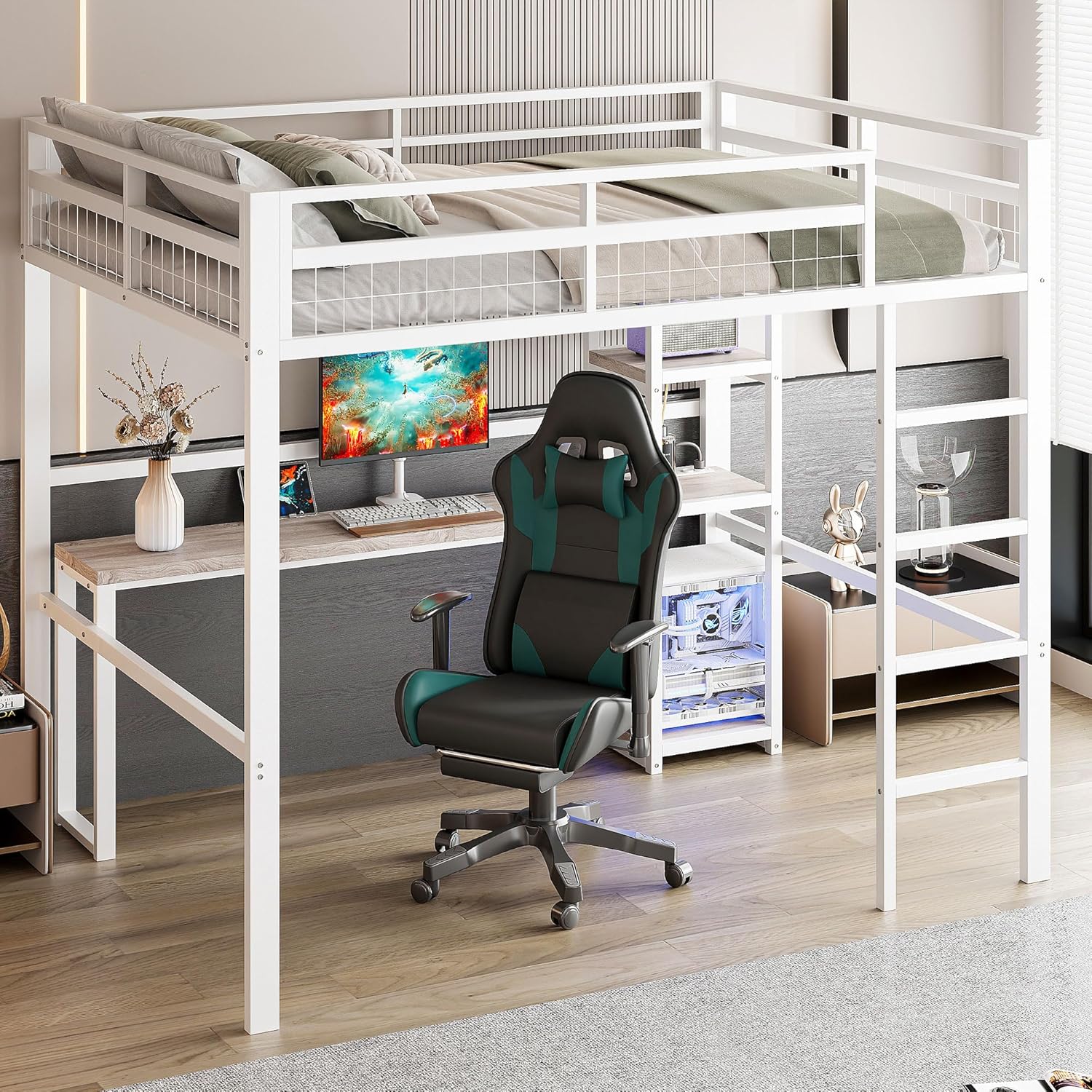 Hochbett, 140 x 200cm, Eisenrahmen, mehrere Einlegeböden, Schreibtisch mit Steckdose, mit USB Type-c, Geländer, Trittleiter, ohne Matratze, Weiß - B
