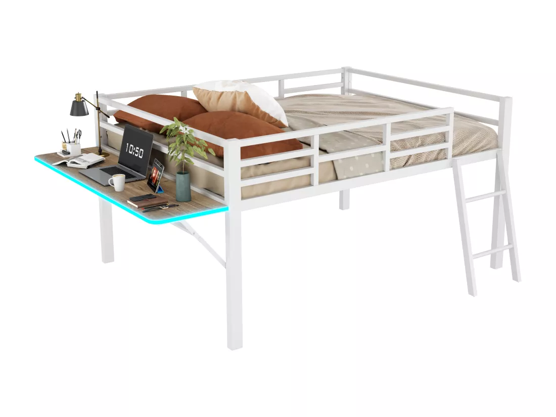 Lit mezzanine 140x200cm en métal avec LED - avec bureau abattant et sommier à lattes - Blanc