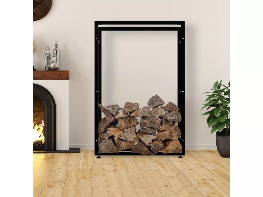 Etagère bois de cheminée - Métal - 25x100x150 cm - Noir - Keri V2