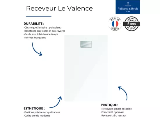 Receveur de douche zéro ressaut 120 x 80 VILLEROY ET BOCH Le Valence céramique avec cache bonde