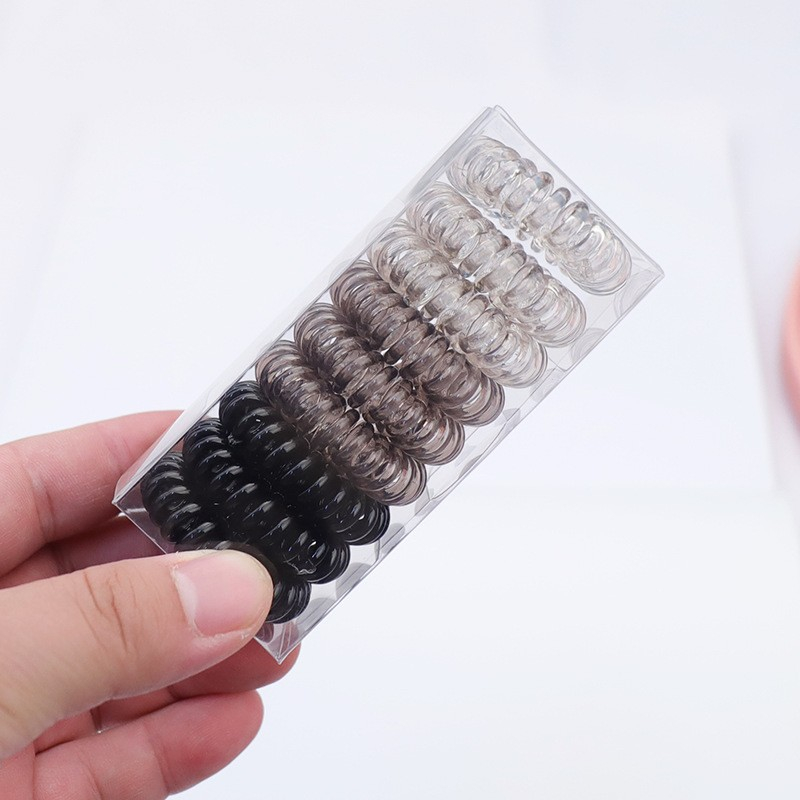 (9er Set) Ø4cm Elastische Haarspiralen Haarband ohne Metall - Schwarz / Braun / Transparent