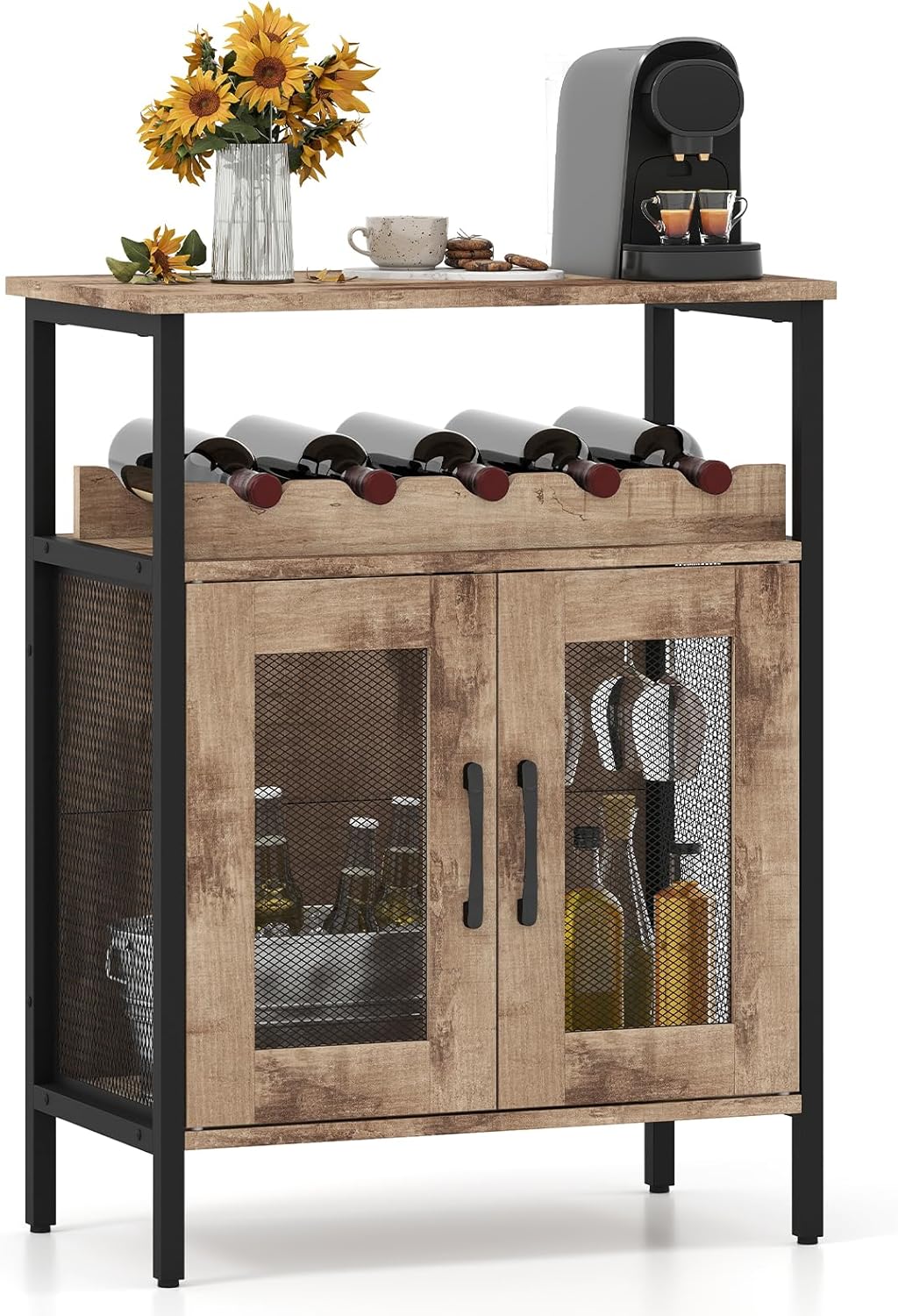 COSTWAY Weinschrank, Küchenschrank mit abnehmbarem Weinregal und integrierten Glashaltern, Kommode Holz, Sideboard 60 x 34 x 79cm (Hellbraun)