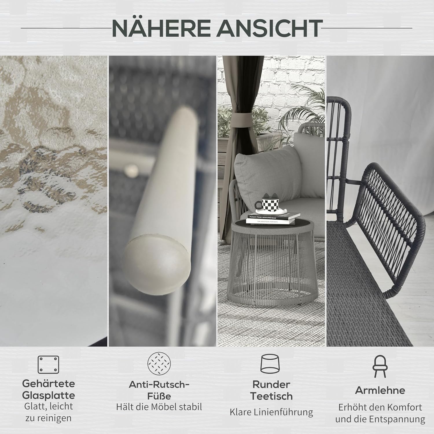 Outsunny 3 TLG. Rattan Gartenmöbel-Set, Sitzgruppe mit Kissen, Gartengarnitur mit 1 Beistelltisch, 1 Liegestuhl, 1 Doppelsofa, Sitzgarnitur für Garten, Terrasse, Stahl, Hellgrau