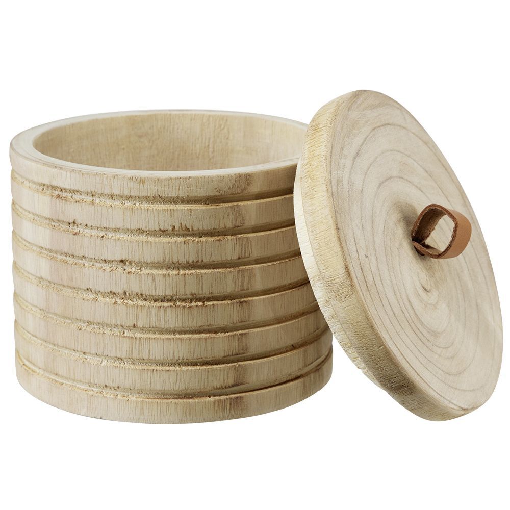 Boîte déco ronde en bois poignée finition simili L15,5xl15,5xH13cm