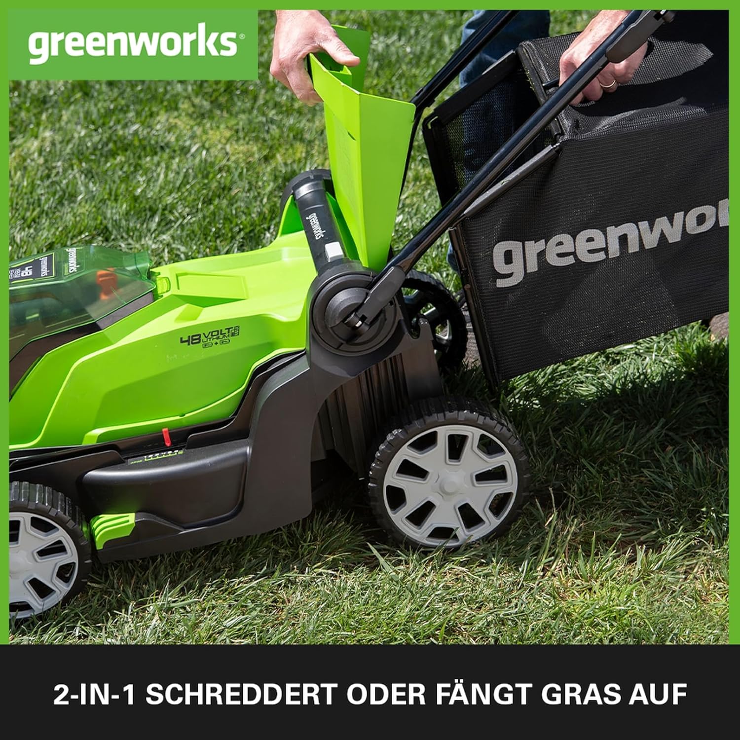 Greenworks Akku-Rasenmäher 48V (2x24V) Li-Ion 41cm Schnittbreite bis zu 220m² 50L Grasfangkorb 6-fache zentrale Schnitthöhenverstellung inklusive 2x 2Ah Akku und Ladegerät,G2x24LM41K2
