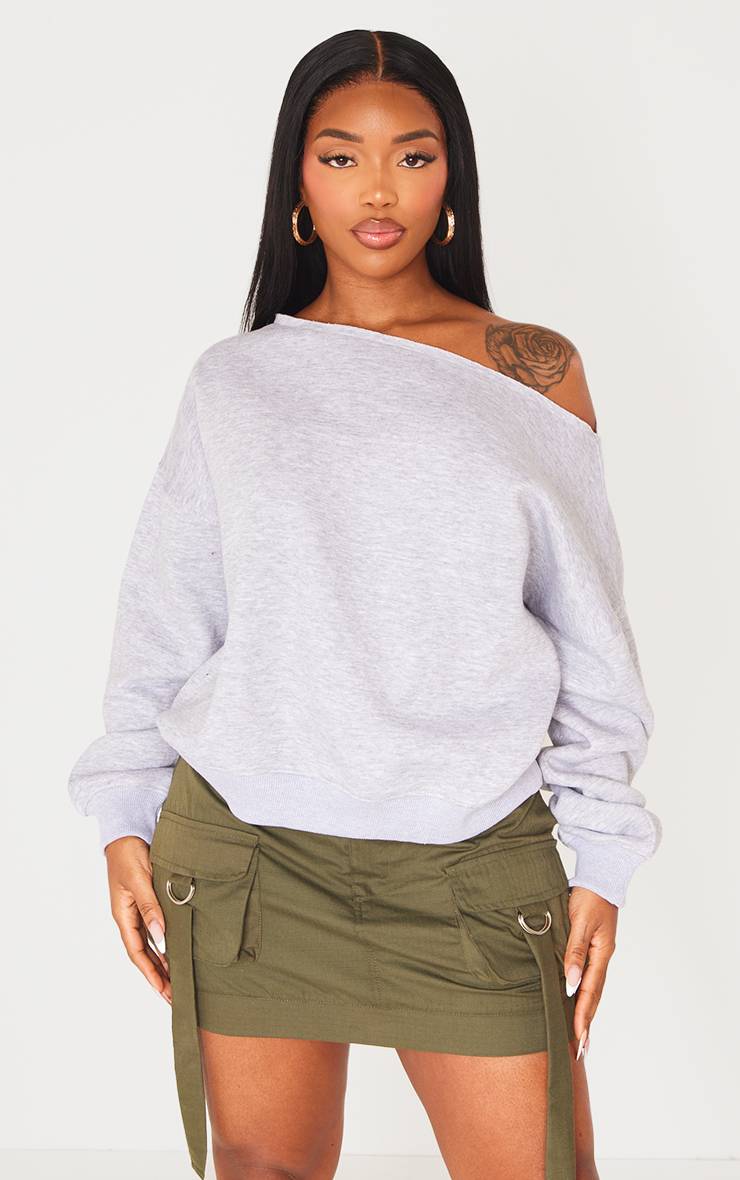 Gris Chiné Sweat Shape À Bords Bruts Et Épaule Tombante