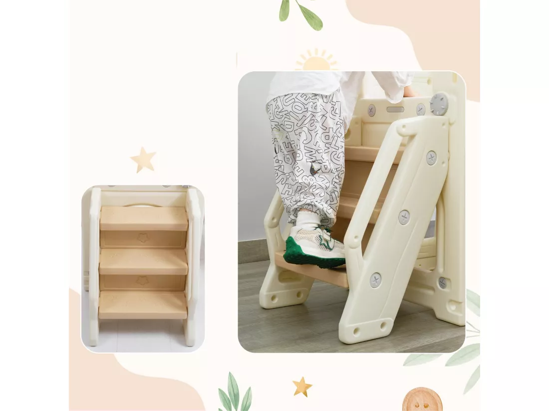 Toboggan 5 en 1 - avec escalier, balançoire, espace de rangement, panier de basket - jaune clair