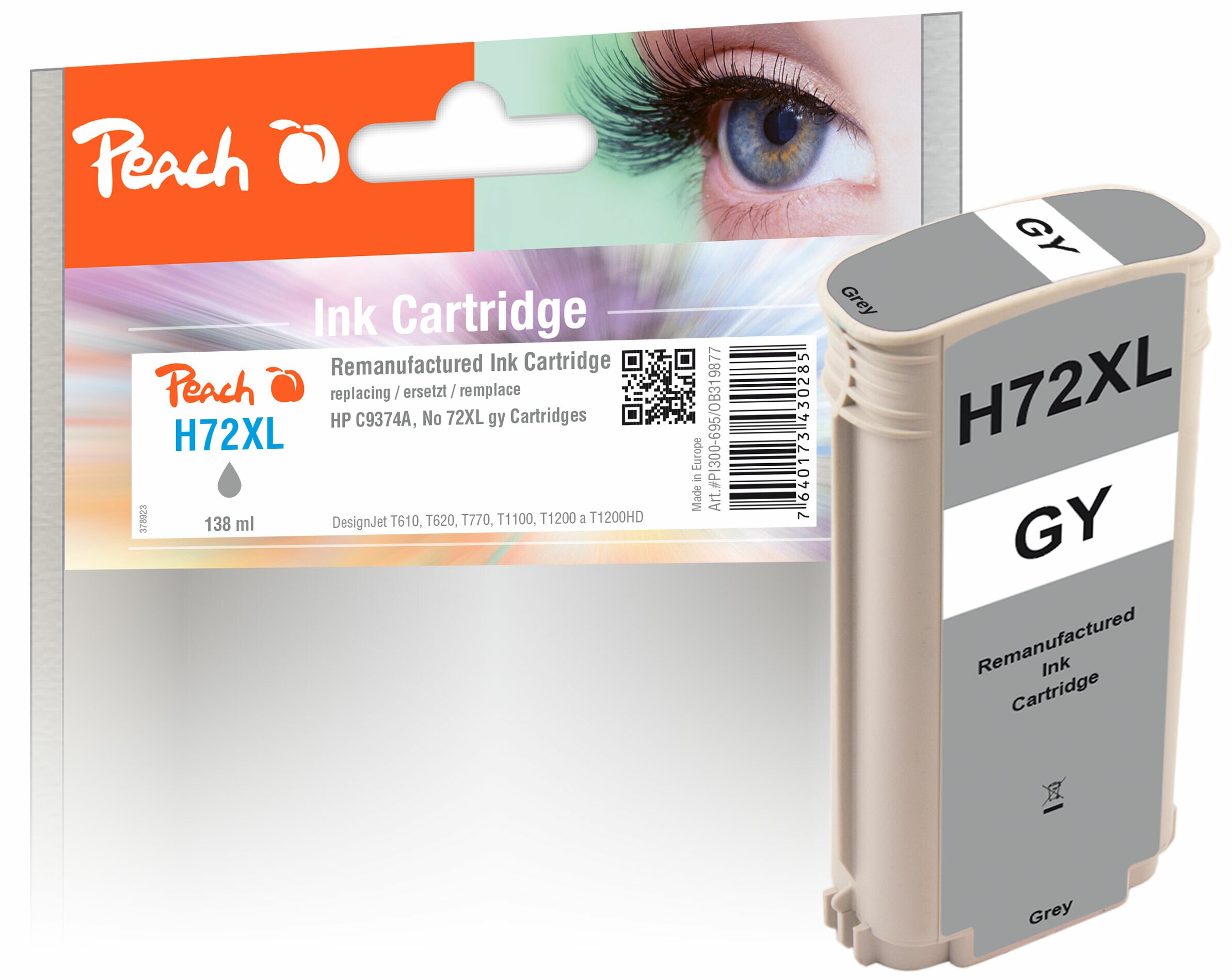 Peach HP 72 XLGY Druckerpatrone XL gy ersetzt HP No. 72XL GY, C9374A für z.B. HP DesignJet T 1100 24 Inch, HP DesignJet T 1100 44 Inch (wiederaufbereitet)