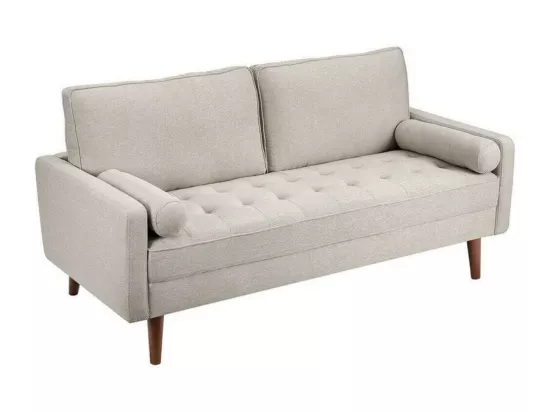 Canapé 3 places en tissu Lin beige - Scandinave - avec 2 Oreillers et Accoudoirs - Pieds bois massif - 173x77x84cm