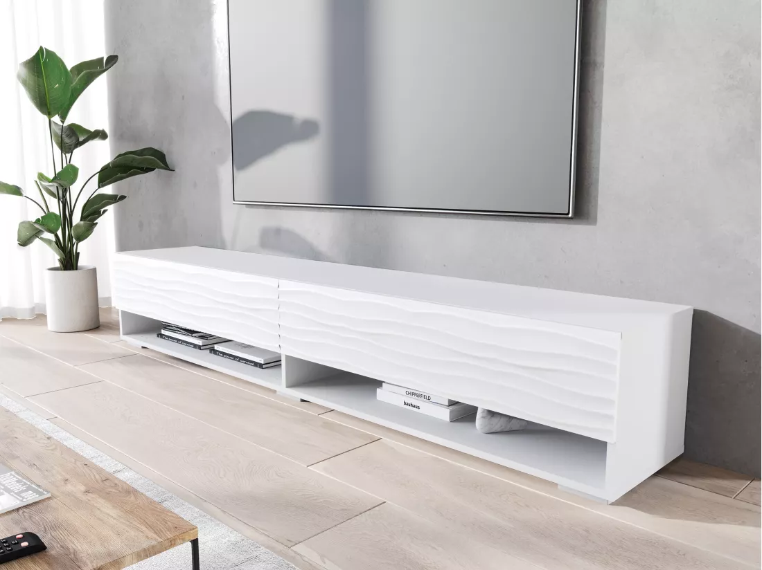 Meuble TV - 180 cm - blanc avec façade à motif ondulé - sans LED - WANDER