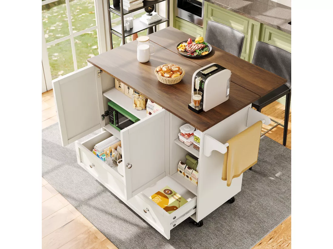 Ilot central de cuisine - chariot à roulette avec plateau extensible - 1 tiroirs et 2 portes - Blanc