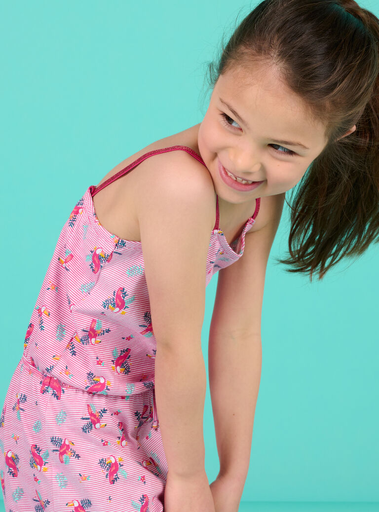 Combishort à rayures et imprimé oiseau rose fuchsia enfant fille