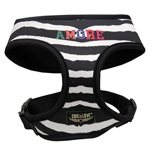 Coleira peitoral Love Zebra em neoprene para cães, preta e branca.