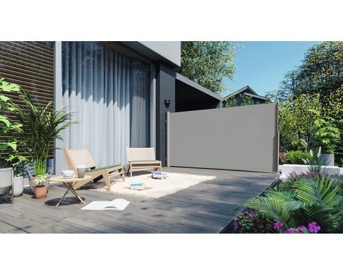 Uitschuifbaar zijluifel 1,6x3, lichtgrijze stof, RAL 9006 wit aluminium frame met afneembare paal