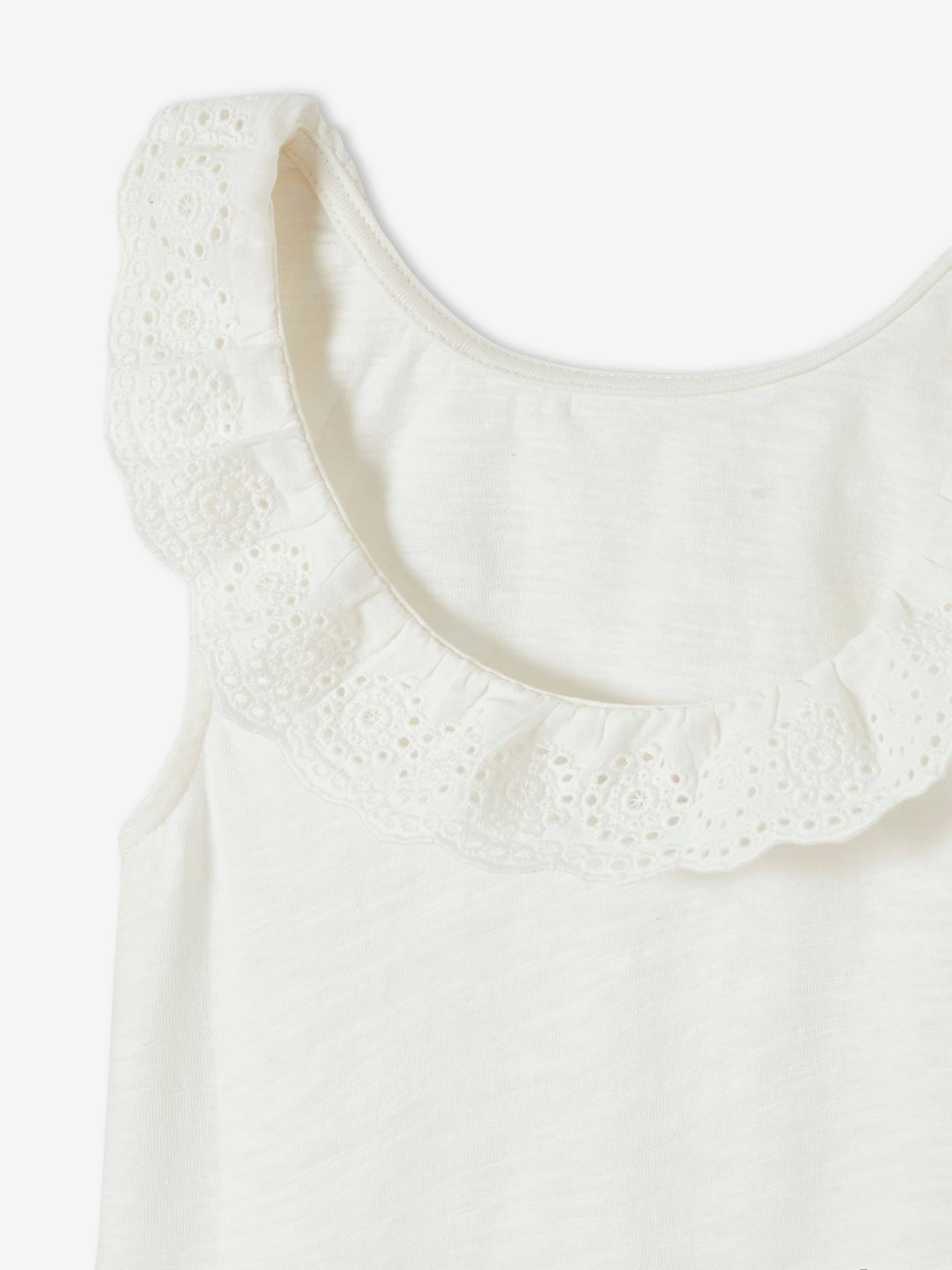 Camiseta sem mangas com gola de babados bordada em estilo inglês, para meninas, lisa, tamanho médio, branca.