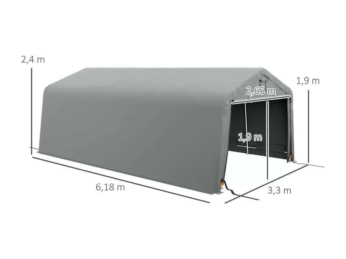 Tente garage carport dim 6L x 3,3l x 2,4H m acier galvanisé robuste PE haute densité 150 g/m² imperméable anti-UV gris