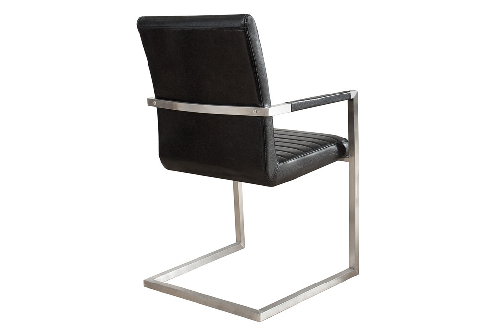 Industrial Freischwinger Stuhl LOFT antik schwarz Kunstleder mit Armlehne Edelstahl