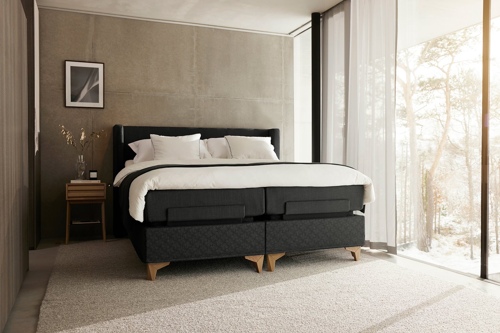 Majestic Aqtive II regulerbar 90x200 cm Tekstil 198/208 antrasitt, ekstra fast, Optima overmadrass, Eicon ben 14 cm hvitlasert,Uten hodegavl