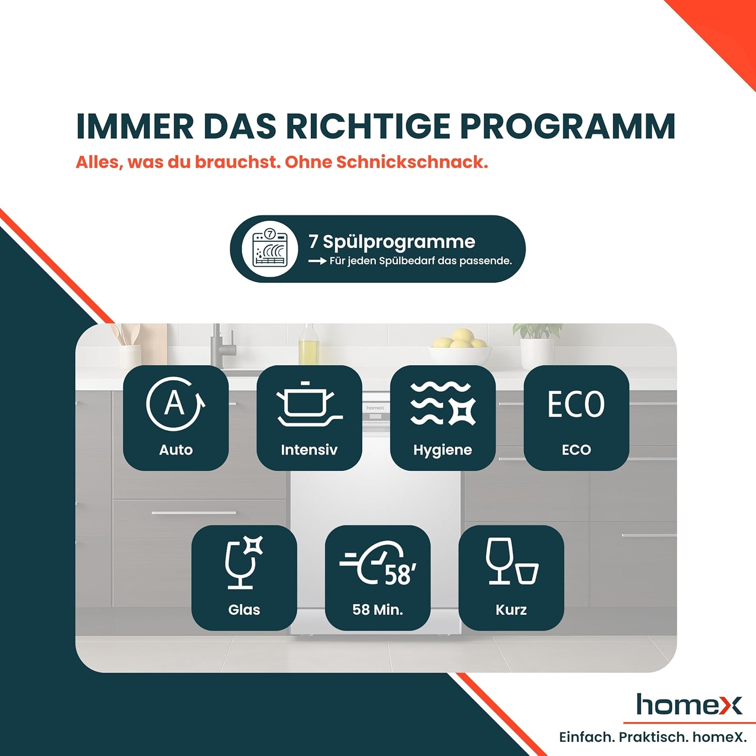 homeX Geschirrspüler 60 cm, Spülmaschine freistehend - 14 Maßgedecke, 7 Programme, AquaStop, Besteckschublade, 44 dB, Startvorwahl, Überlaufschutz, Automatische Türöffnung, Unterbaufähig, Silber