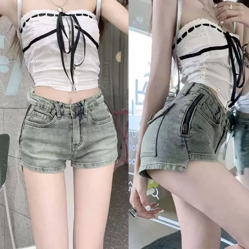 INEN - Mid Rise Washed Zip Denim Shorts